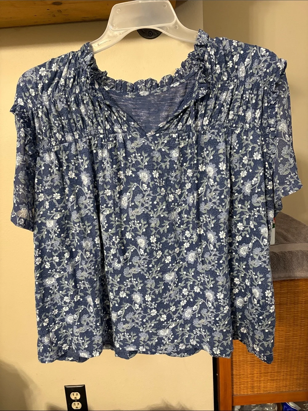 Smocked Neck Blue Floral Women's Blouse